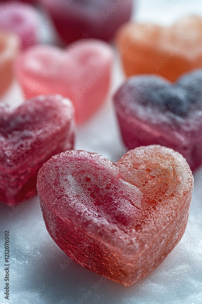 Poster a close-up view of a bundle of candy hearts with colorful wrappers and sweet treats inside