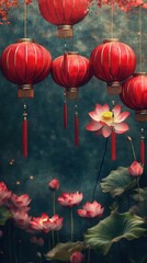 Obraz premium Red lanterns hang above lotus pond, festival backdrop