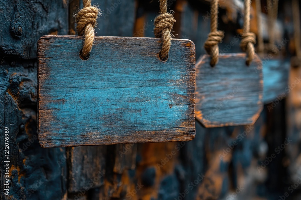 Poster a group of wooden signs hanging from a rope in a rustic setting