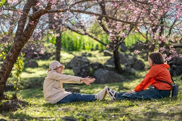 Two women are sitting in a park, one of them is wearing a red jacket. They are giving each other a high five