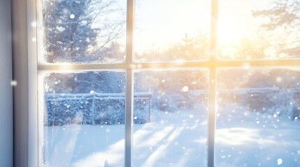 Serene Winter Wonderland Through Blurred Window with Sunlight Streaming In, Creating a Tranquil and Peaceful Atmosphere