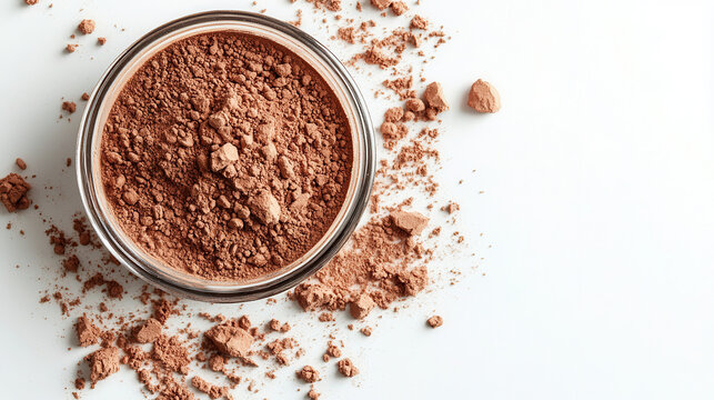 Natural red clay powder in a jar with scattered clay stones on a white background, ideal for cosmetic and skincare applications