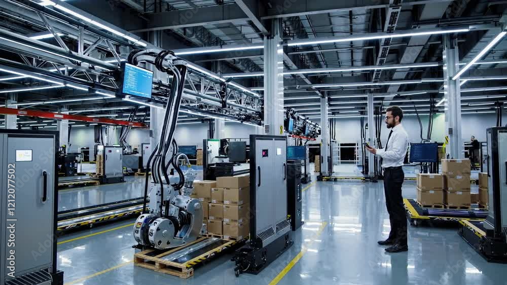 Poster Robotic automation in action at a modern warehouse facility in the early afternoon