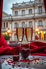 Elegant champagne glasses with romantic decor against blurred luxurious background