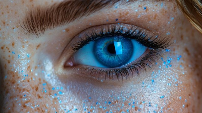 Close-up of a vibrant blue eye with glitter details