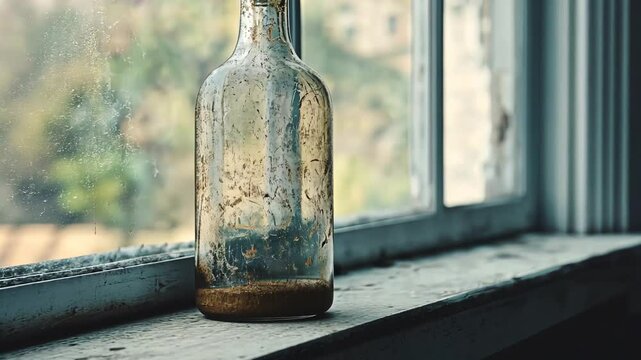 Dusty bottle on windowsill
