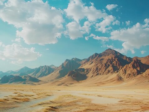 Majestic mountain range under a vibrant sky, desert landscape background, ideal for travel brochures