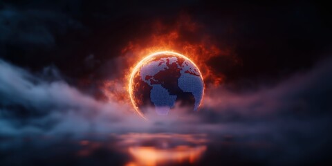 A futuristic data center with glowing orange and blue servers, a pixelated globe transitioning to a holographic one symbolizing digital transformation, surrounded by atmospheric fog and reflections