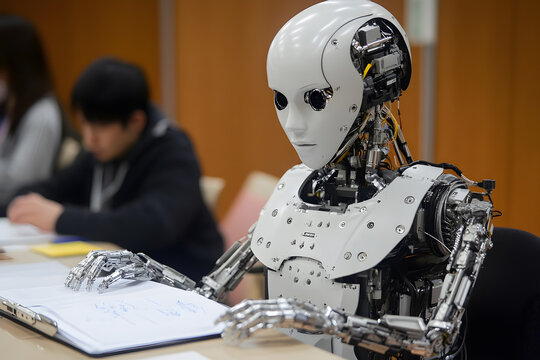 3D rendering of robot hominoid reading book, writing and solving math data analytics in concept of future mathematics artificial intelligence, data mining and 4th fourth industrial revolution .