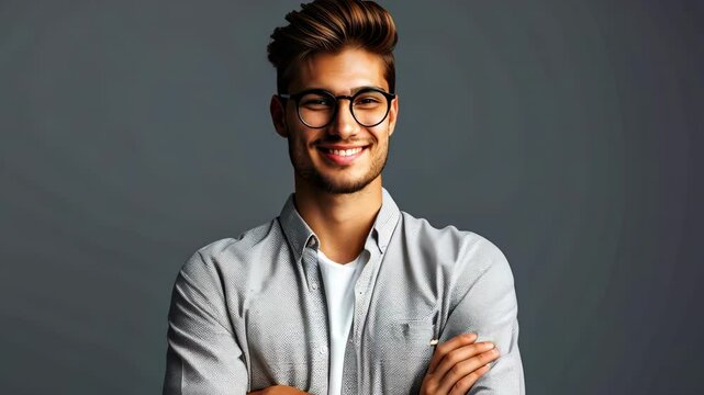 Man smiles with confidence indoors, wearing glasses in a stylish outfit, projecting a warm and relatable mood through portraiture techniques