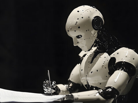 3D rendering of robot hominoid reading book, writing and solving math data analytics in concept of future mathematics artificial intelligence, data mining and 4th fourth industrial revolution .