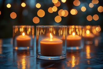 Group of candles placed on a table with soft light