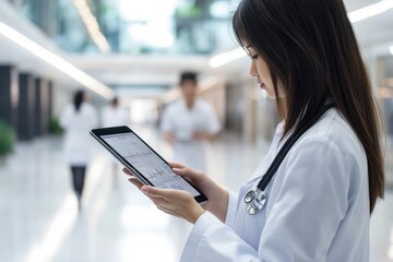 Fototapeta premium A woman wearing a white lab coat holds a tablet computer, suitable for medical or educational settings