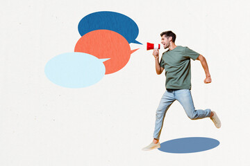 Composite sketch design artwork 3D photo collage of speech bubble app conversation space young guy run proclaim hold loudspeaker leader