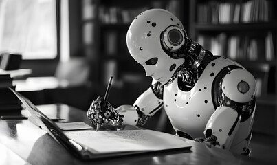 3D rendering of robot hominoid reading book, writing and solving math data analytics in concept of future mathematics artificial intelligence, data mining and 4th fourth industrial revolution .