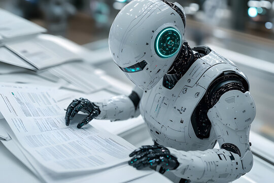 3D rendering of robot hominoid reading book, writing and solving math data analytics in concept of future mathematics artificial intelligence, data mining and 4th fourth industrial revolution .