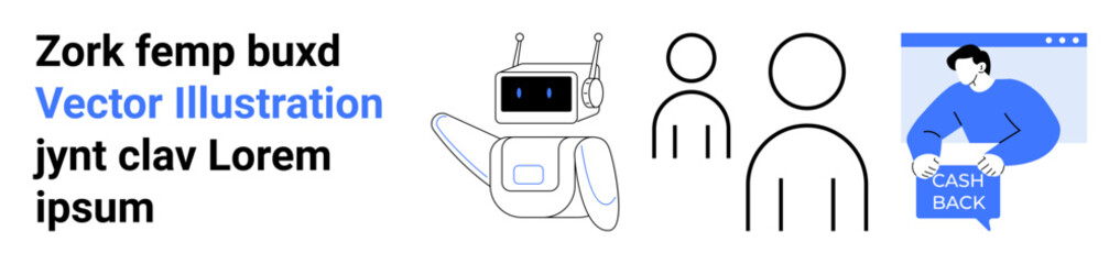 Naklejka premium Futuristic robot waving, abstract human figures, and person with cashback web element. Ideal for tech websites, apps, user interfaces, e-commerce, promotions, digital marketing, landing pages