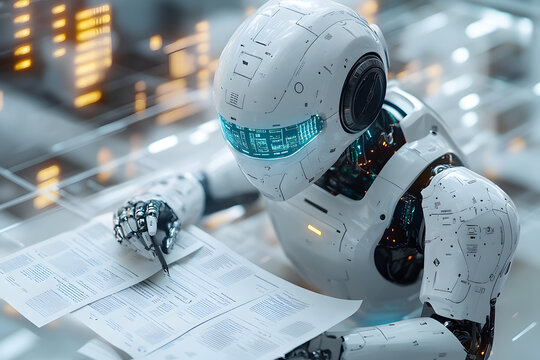3D rendering of robot hominoid reading book, writing and solving math data analytics in concept of future mathematics artificial intelligence, data mining and 4th fourth industrial revolution . - Powered by Adobe