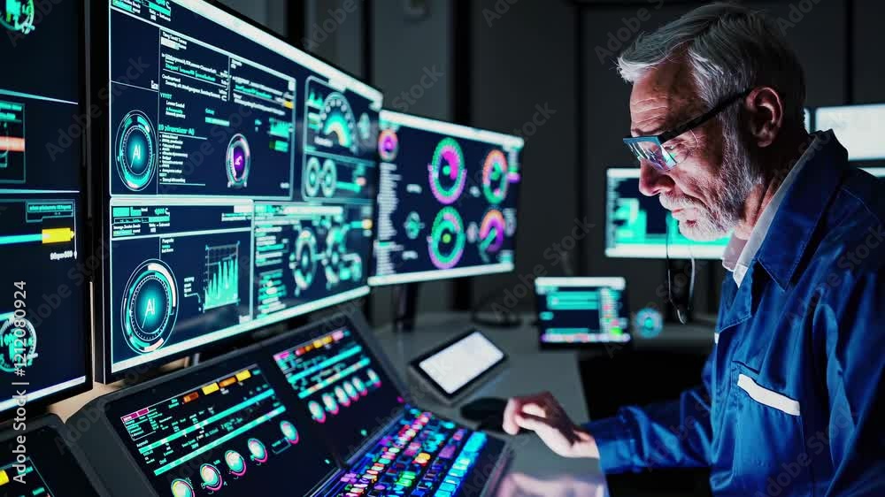 Poster engineer monitors complex data systems and controls in a high-tech operation room at a research faci
