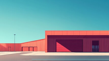 Fototapeta premium Minimalist Coral Warehouse Exterior Under Bright Sky - Architectural Design