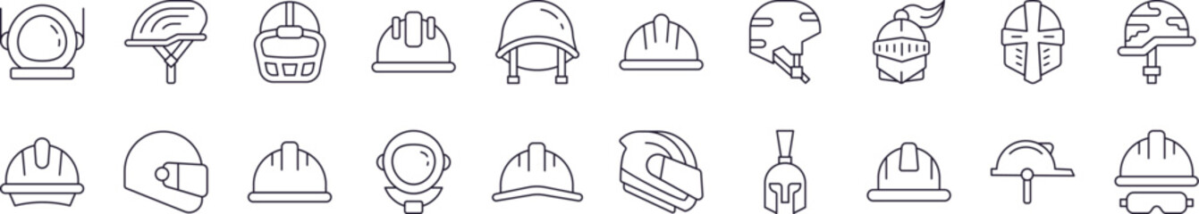 Bundle of Helmet Related Line Icons. Outline Signs for Graphic and Web Design, Apps, Adverts, Various Cards