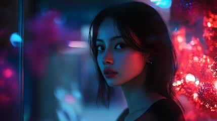 Fototapeta premium Asian Woman Pensive Neon Night City Portrait