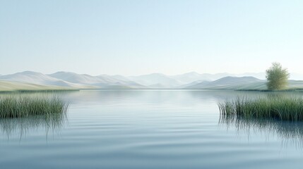 Serene lake landscape with mountains and calm water under a hazy sky.