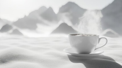 A hot coffee cup with steaming vapor on a table, creating a cozy and inviting scene, on a solid white background.