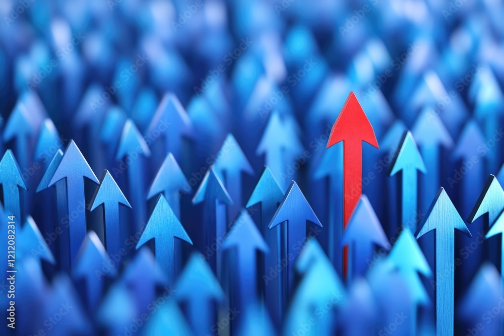 Poster a bright red arrow stands out among a cluster of blue arrows, ideal for use as an icon or indicator