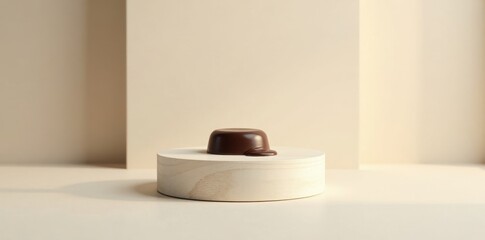 A delectable dark chocolate confection, subtly melting, rests elegantly on a minimalist, light-colored wooden pedestal against a neutral backdrop.