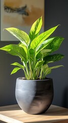 Modern indoor plant with fresh green leaves in pot