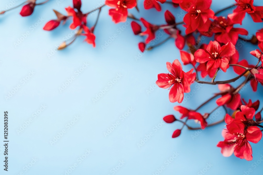 Poster a close-up view of a vibrant red flower branch set against a calm blue background