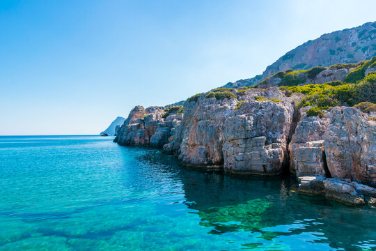 Alymounta, secluded beach with crystal clear turquoise sea on Saria Island, Karpathos Island, Greece