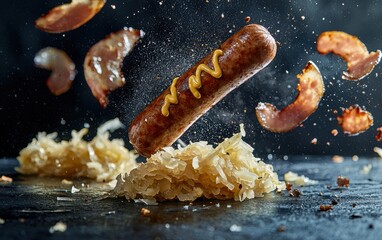 A spicy grilled sausage flying through a mustard sauce wave, paired with floating sauerkraut, on a dark slate surface