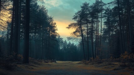 Sunlit Forest Path at Dawn - Serene Nature Scene