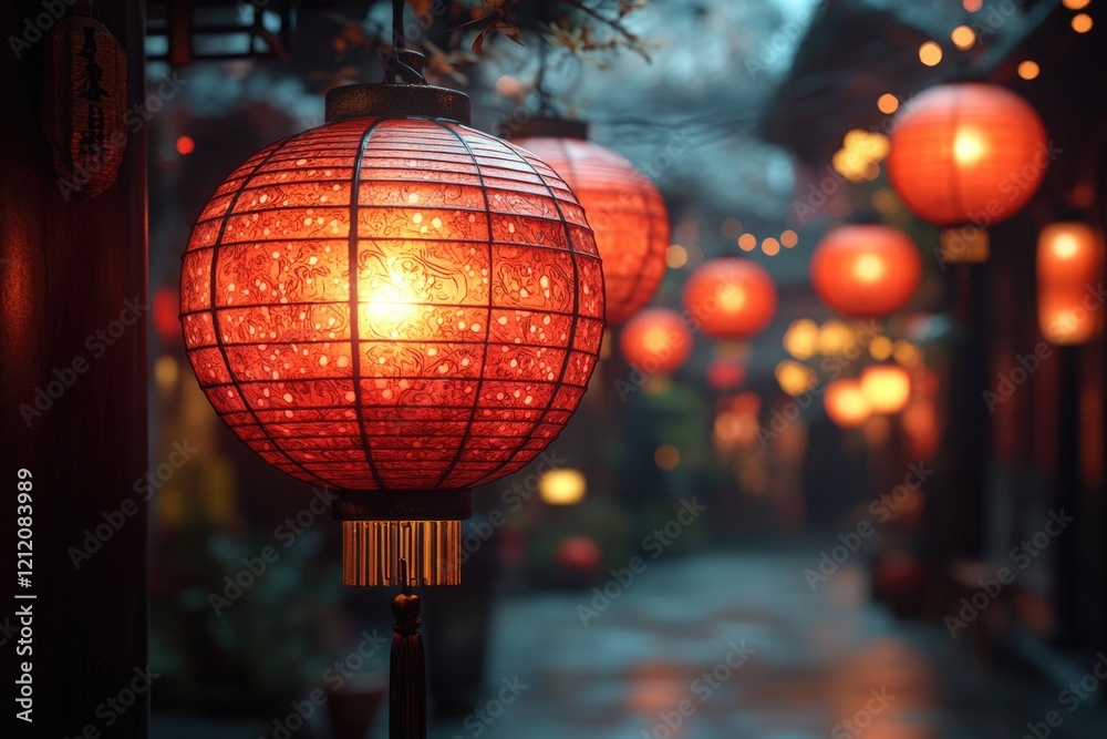 Poster a row of red lanterns adorns the exterior wall of a building, adding a pop of color to the urban lan
