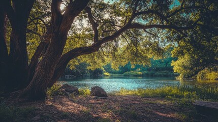 Fototapeta premium Majestic Oak Tree Overlooking Serene River Scene - Peaceful Nature Photography