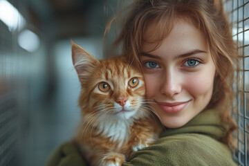 A volunteer comforting a pet at an animal rescue shelter, holding it in their arms. Bright lighting, contrast