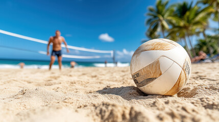 beach volleyball game with ball in foreground and players in background