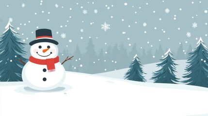 Fototapeta premium Snowman in a snowy landscape with evergreen trees and fresh snow covering the ground