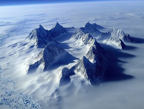 Antarctic mountain range aerial view, snowy peaks, ice, clouds, landscape, travel photography