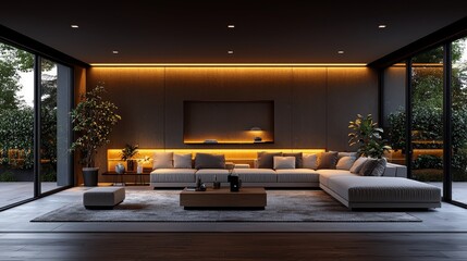 Fototapeta premium Modern and stylish living room with an elegant design showcasing ambient lighting and lush greenery through large glass windows
