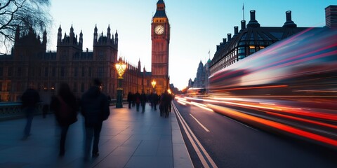 Fototapeta premium A vibrant long-exposure shot of London’s Big Ben at night, with dynamic streaks of colourful light trails from passing double-decker buses and vehicles creating a sense of motion and energy