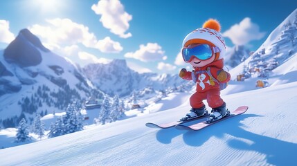 Adorable Little Skier with Goggles on Snowy Mountain Outdoors, 3D Anime Style