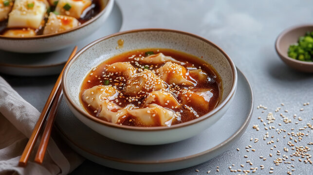Japanese gedza in a savory sauce topped with sesame seeds on a light gray background captured with a mirrorless camera