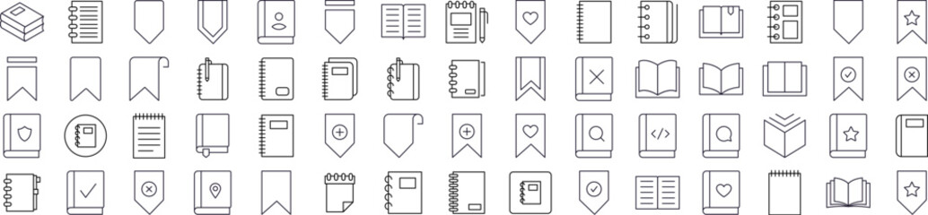 Book, Bookmark, Diary Thin Line Icon Set. Outline Signs for Graphic and Web Design, Apps, Adverts, Various Cards