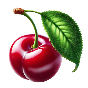 Isolated cherry. One sweet cherry with big leaf on white background with clipping path.