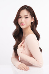 Obraz premium Beautiful young asian woman with clean fresh skin on white background, Face care, Facial treatment, Cosmetology, beauty and spa, Asian women portrait.