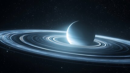 Fototapeta premium Glowing ringed planet in dark space; cosmic background; science fiction illustration; website header