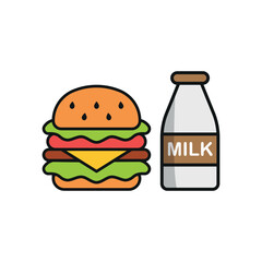 Milk bottle drink and hamburger food icon illustrated in a playful cartoon style bursting with vivid colors and cheerful vibes, making it suitable for kid-friendly content, casual games, and fun brand